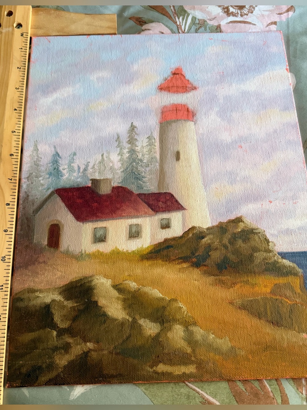 Original Lighthouse & Cottage Coastal Painting – 11" x 14" Stretched Canvas